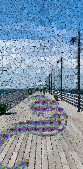 Dragon Pier Mosaic Graphic, Iridescent Dragon Etched in Perspective Along a Pier with Light Posts on the Right on a Sunny Day